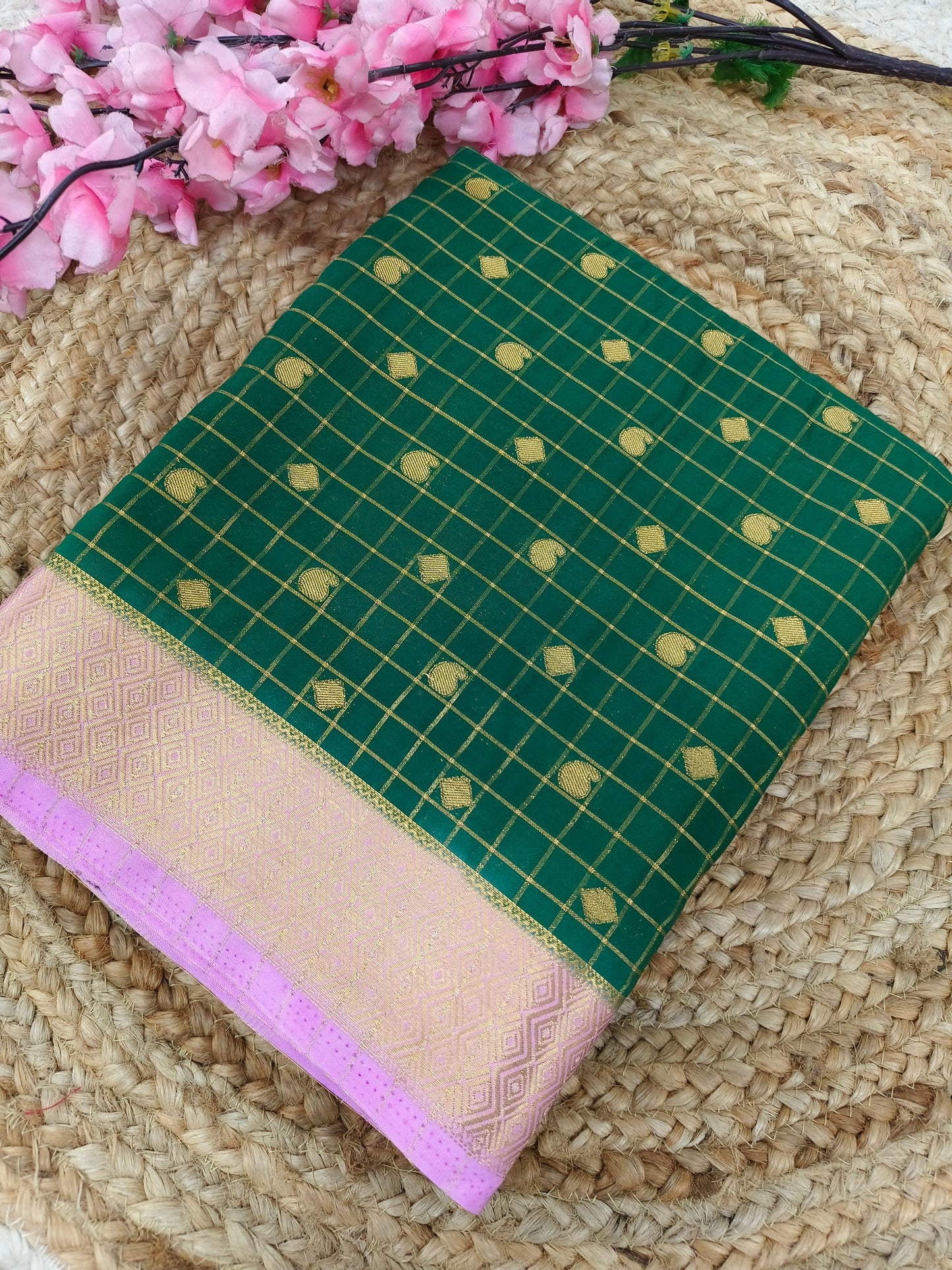 Bottle green with Rose pink Semi Mysore silk