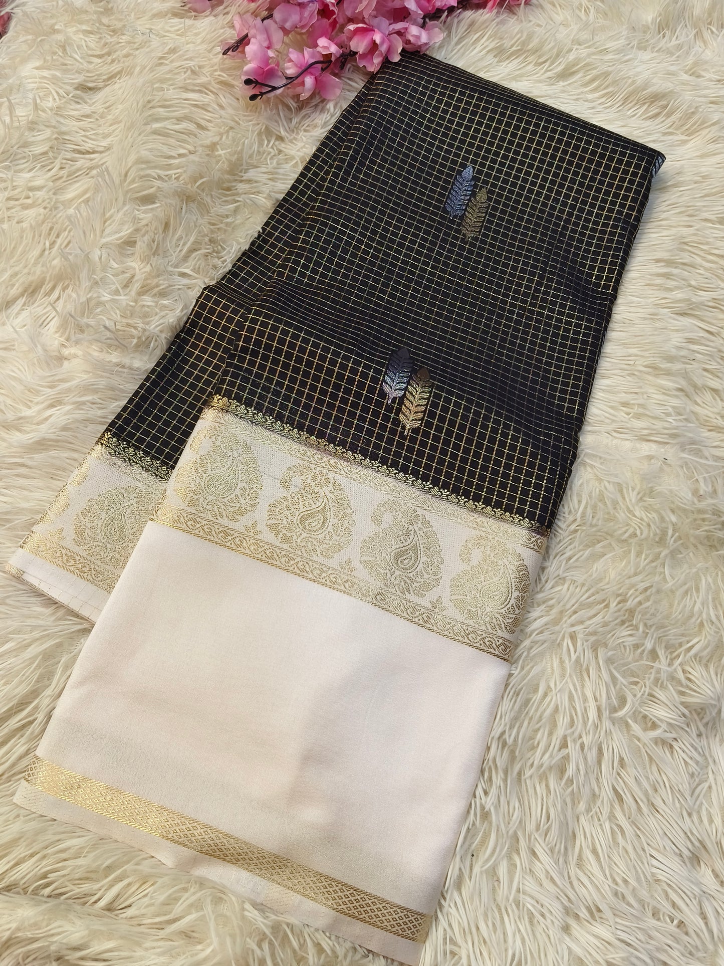 Black With White Semi Mysore  silk saree