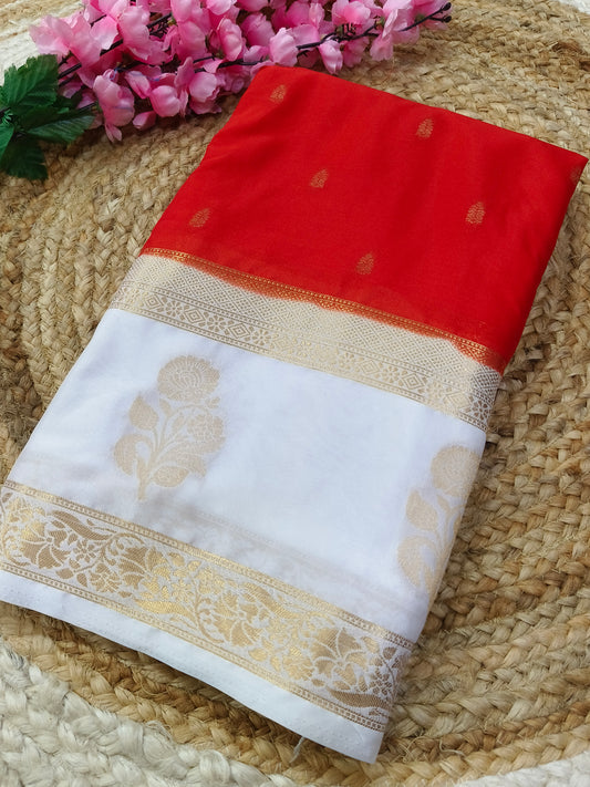 Orange with white semi Mysore crepe silk saree