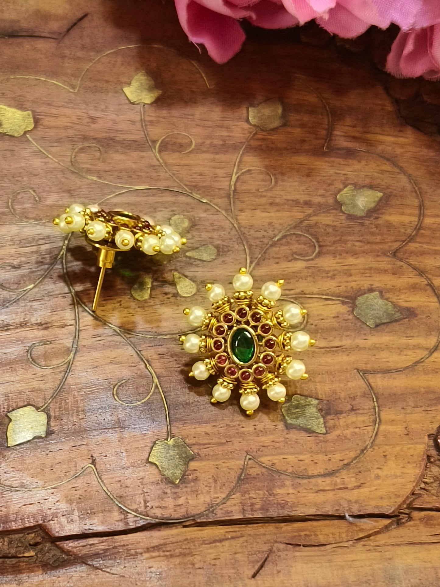 Green & Ruby pearl stone stud