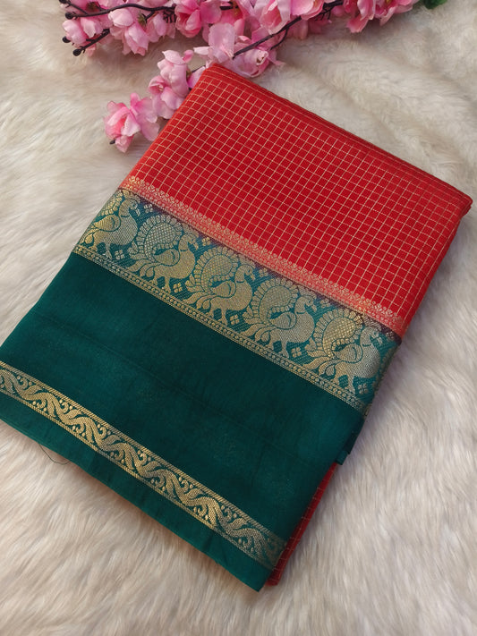 Red with Green Assam  silk saree