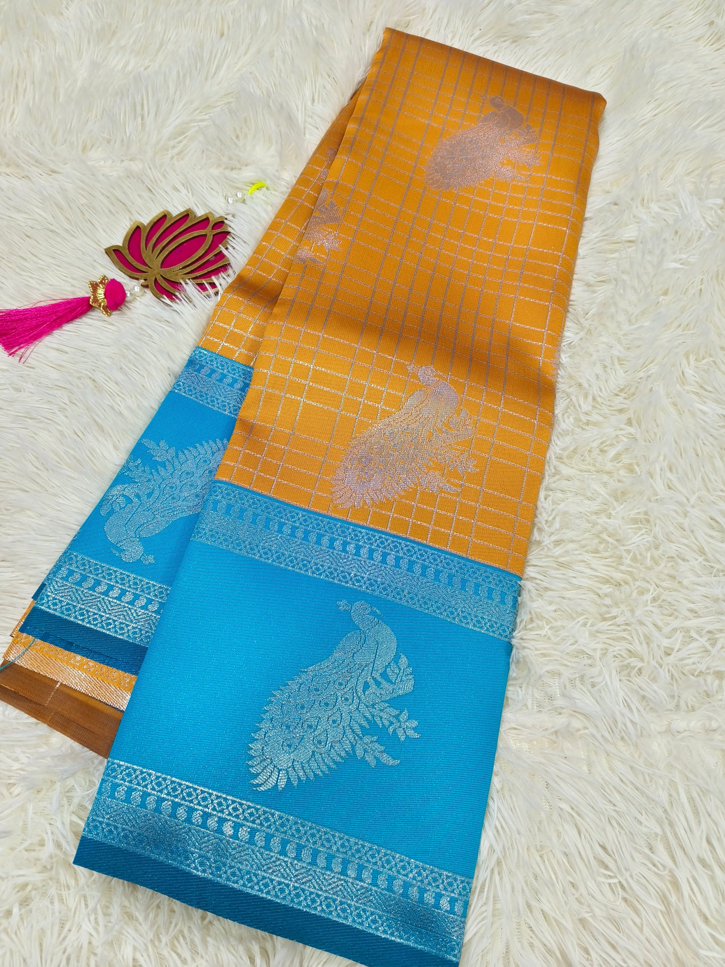 Rustic orange with aqua blue  Mercidised silk saree