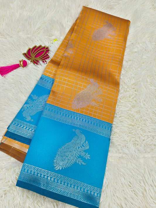 Rustic orange with aqua blue  Mercidised silk saree