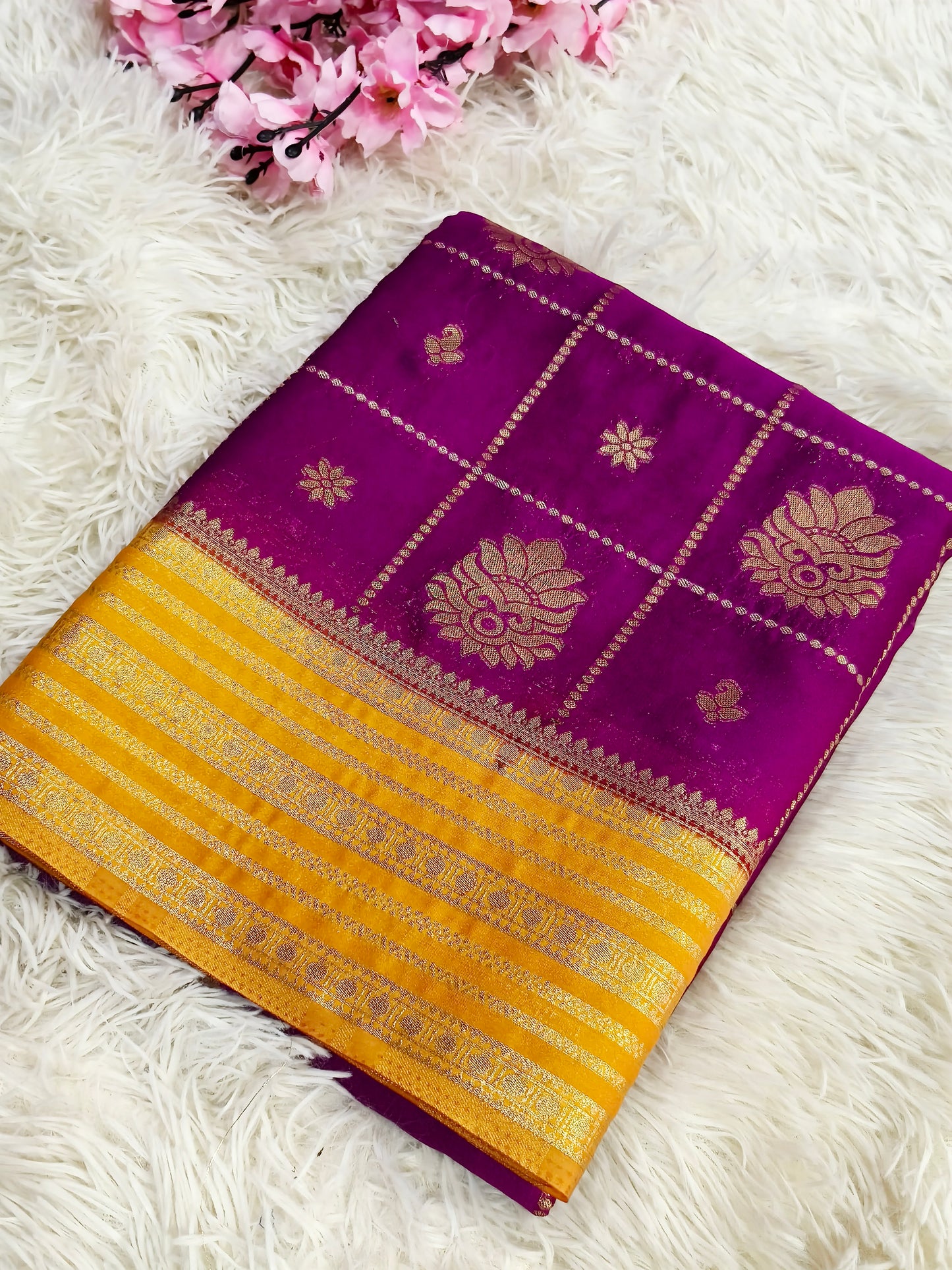 Magenta with yellow Semi Mysore crepe  georgette silk saree