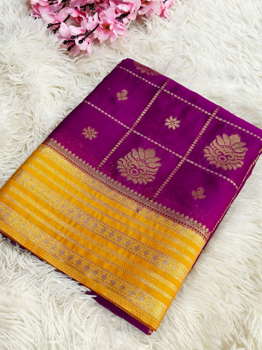 Magenta with yellow Semi Mysore crepe  georgette silk saree