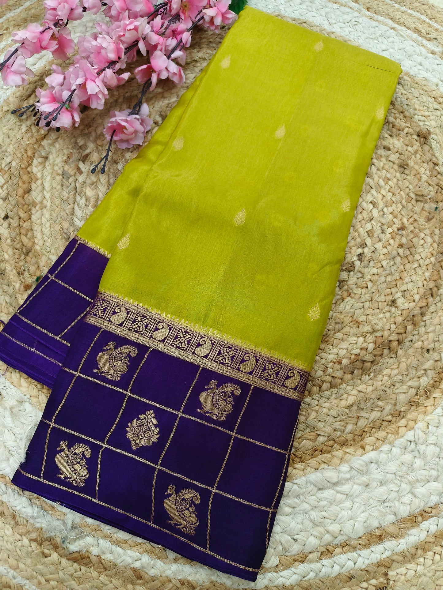 Leaf green with purple Munga silk saree