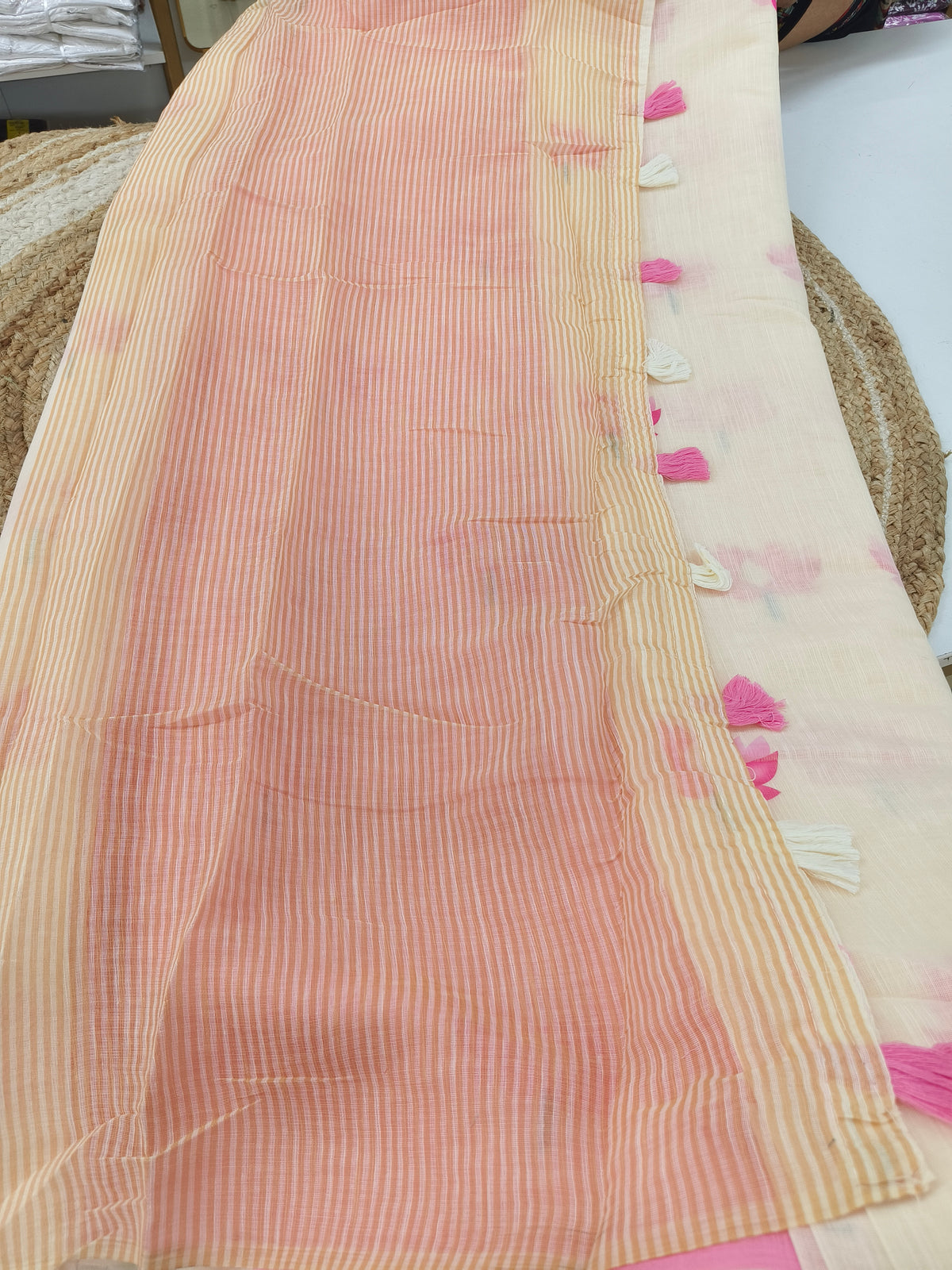 Cream with Baby Pink Elegant linen saree