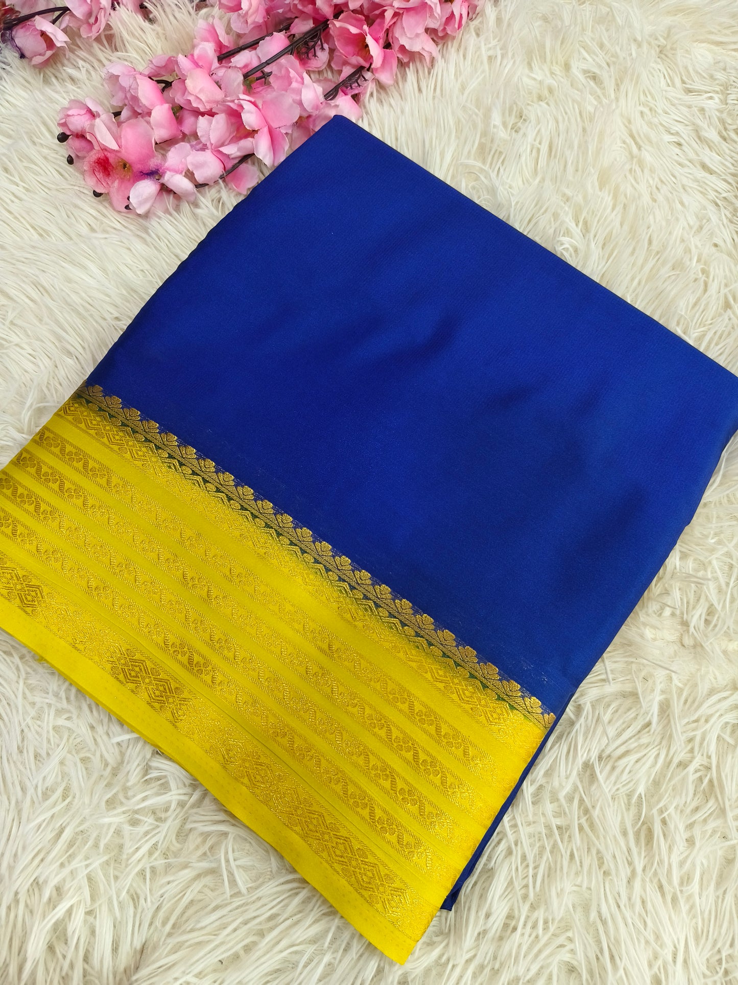 Navy blue with yellow  semi Mysore crepe silk