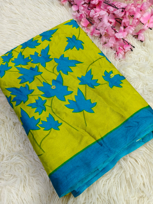 Yellow with Blue Crushed Georgette saree