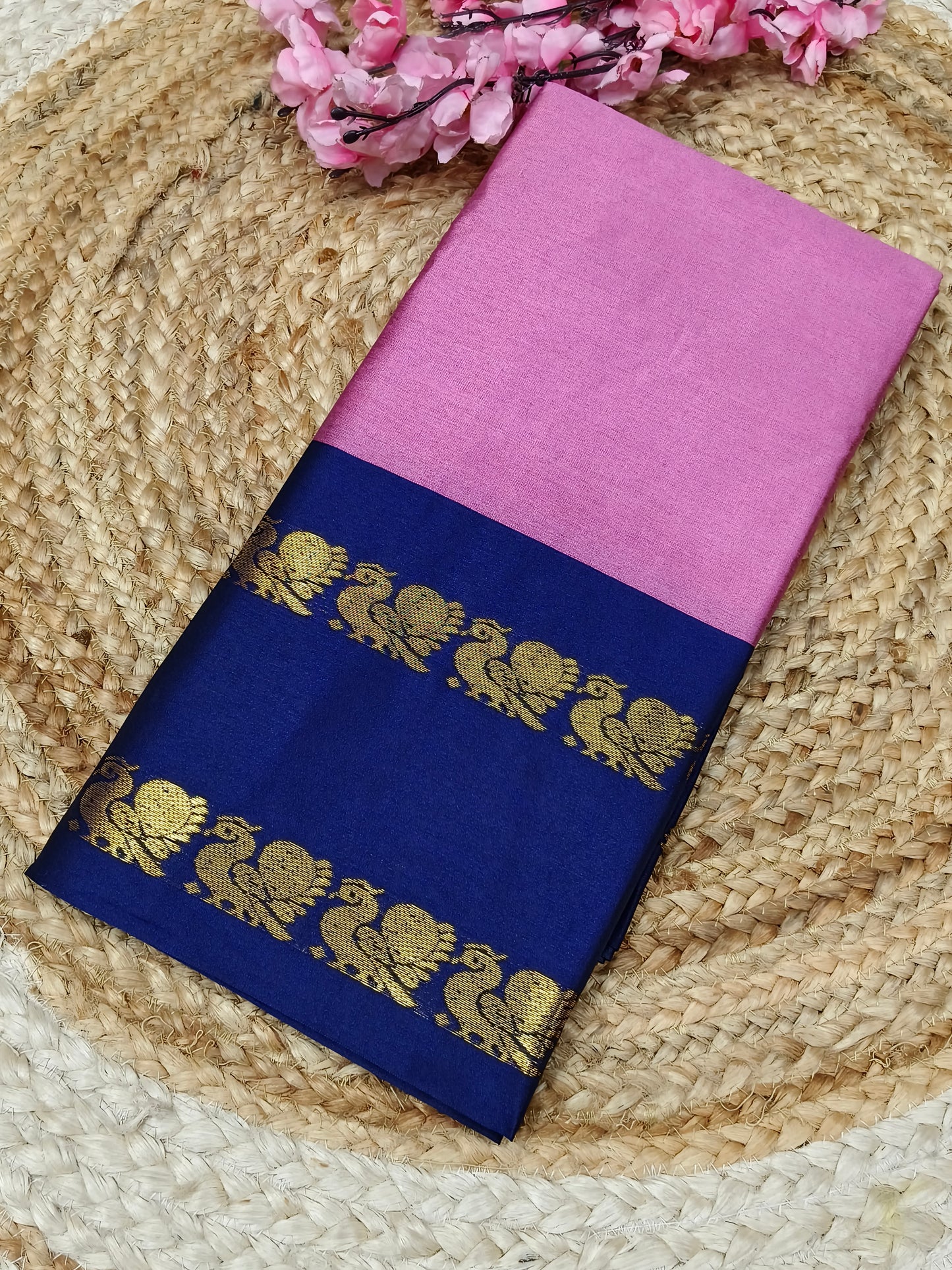 Pink With Navy Blue Gadwal Semi silk saree