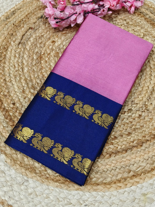 Pink With Navy Blue Gadwal Semi silk saree