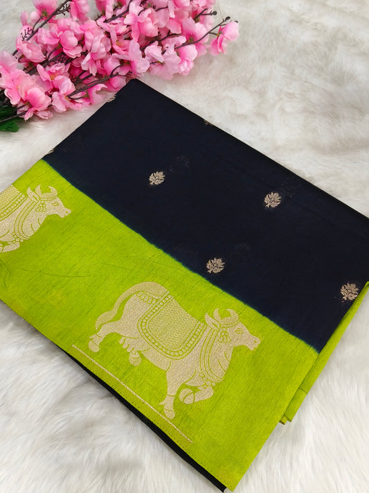 Black with Green silk blend saree