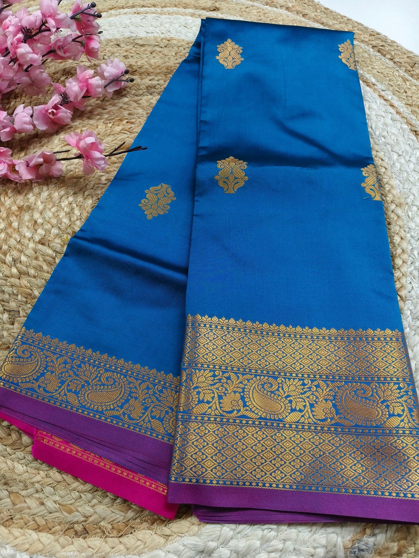 Peacock blue Semi kanchi silk saree