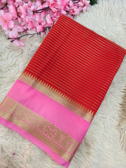 DN-2 Red With Pink Semi Mysore crepe silk saree
