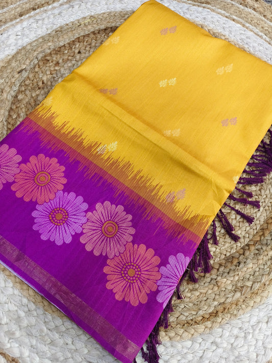 Yellow with purple Tussar silk saree