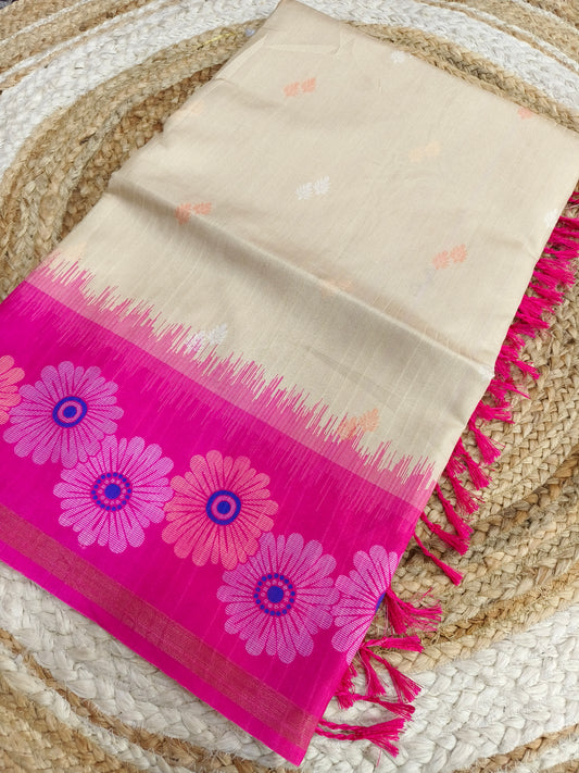 Cream with Pink Tussar silk saree