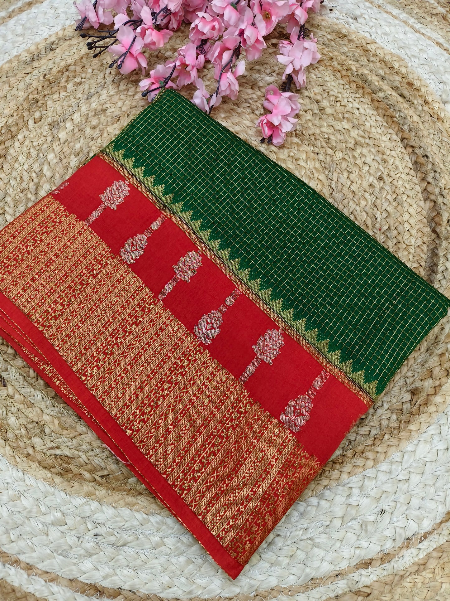 Bottle green with red Elegant viscose silk saree