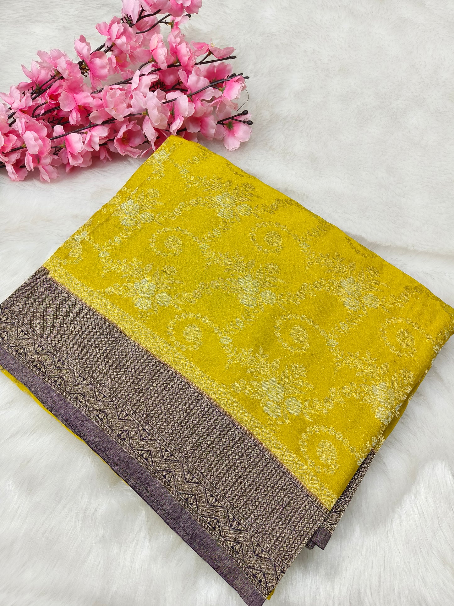 Lemon yellow  with purple  pure georgette silk saree