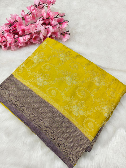 Lemon yellow  with purple  pure georgette silk saree