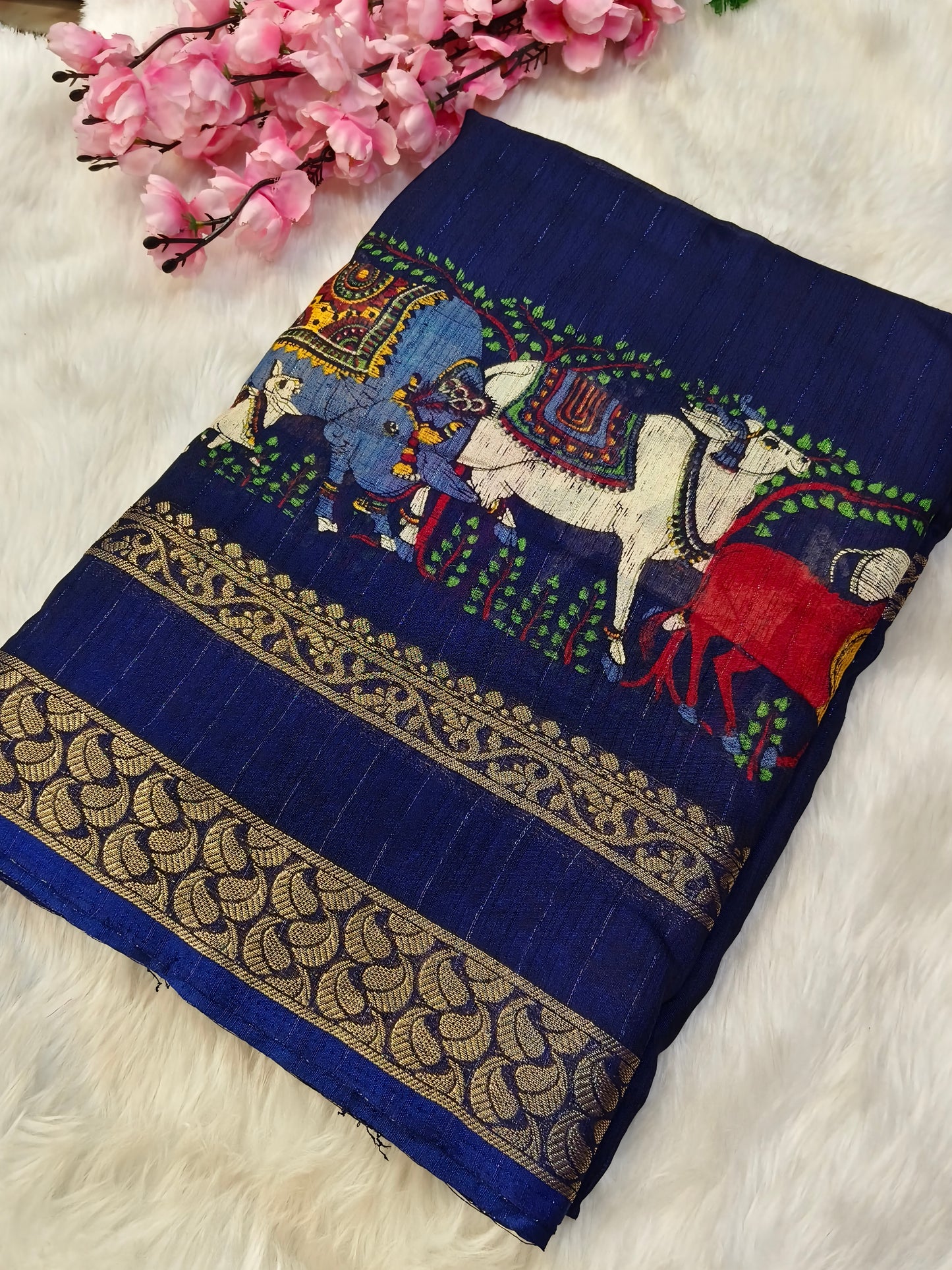 Neavy Blue Pichwai Chinon silk saree