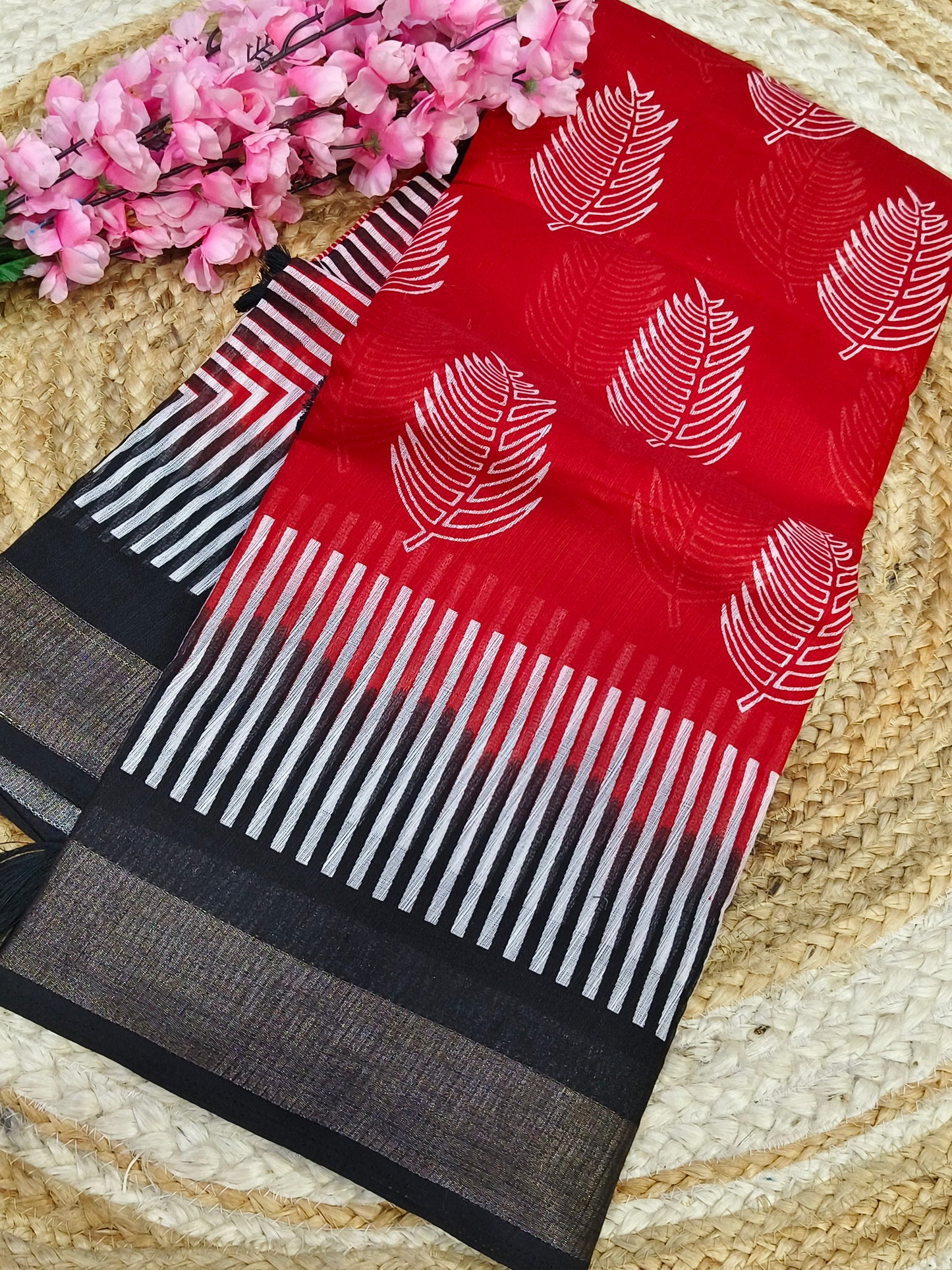 Red With Black Linen Jute saree