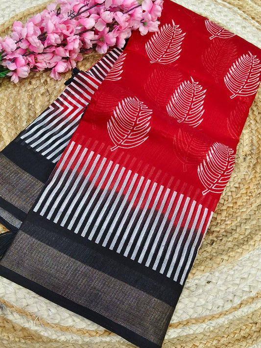 Red With Black Linen Jute saree