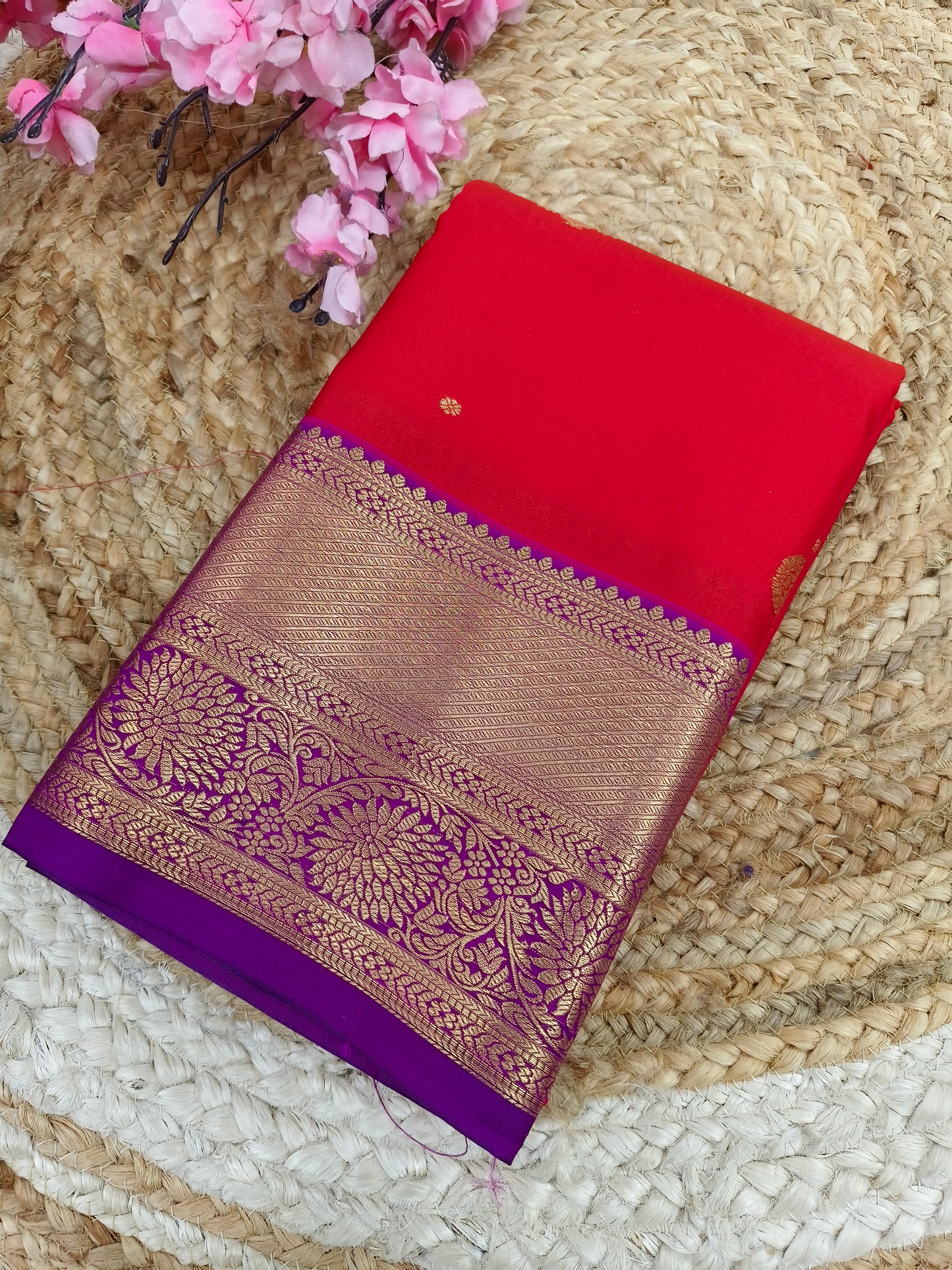 Red with purple Elegant semi kanjivaram silk saree