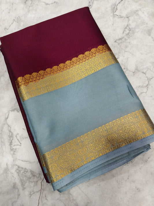 MARRON WITH GREY  SEMI MYSORE CREPE SILK