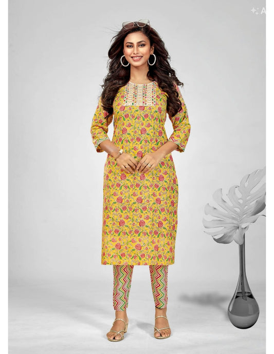 Yellow Elegant Printed Cotton Kurta