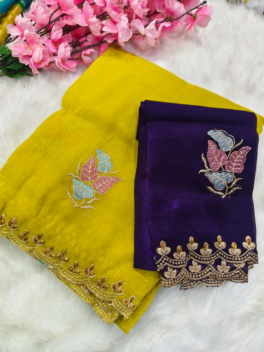 Yellow designer shimmer saree