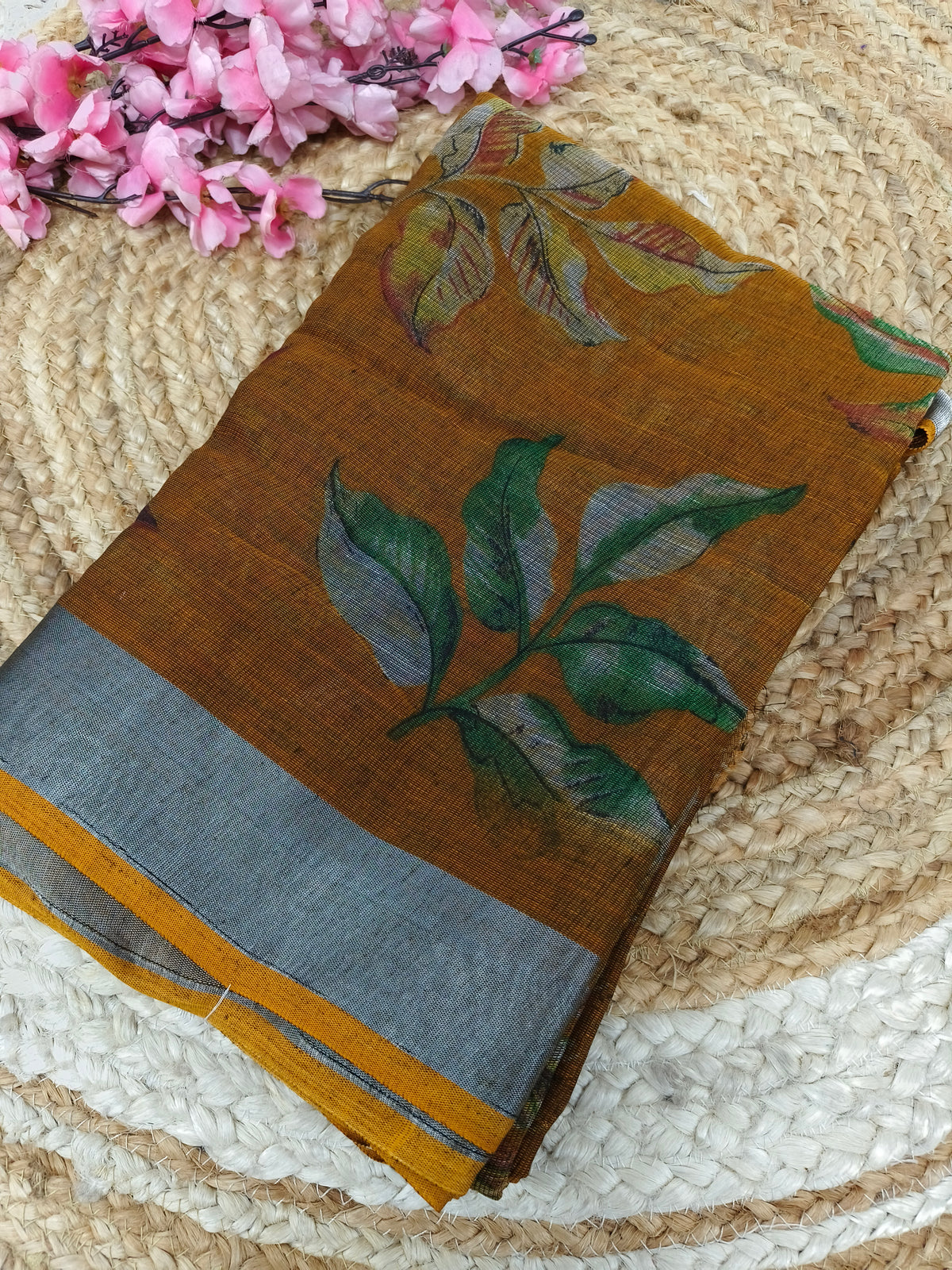 Yellow- Black Lenin Cotton saree