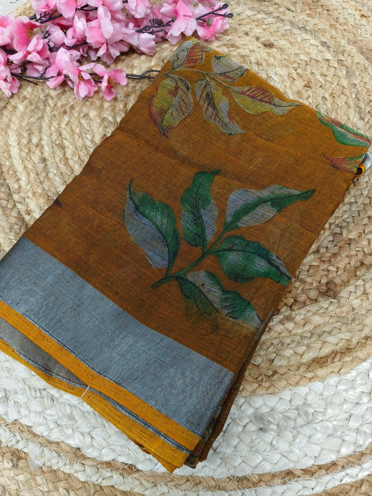 Yellow- Black Lenin Cotton saree