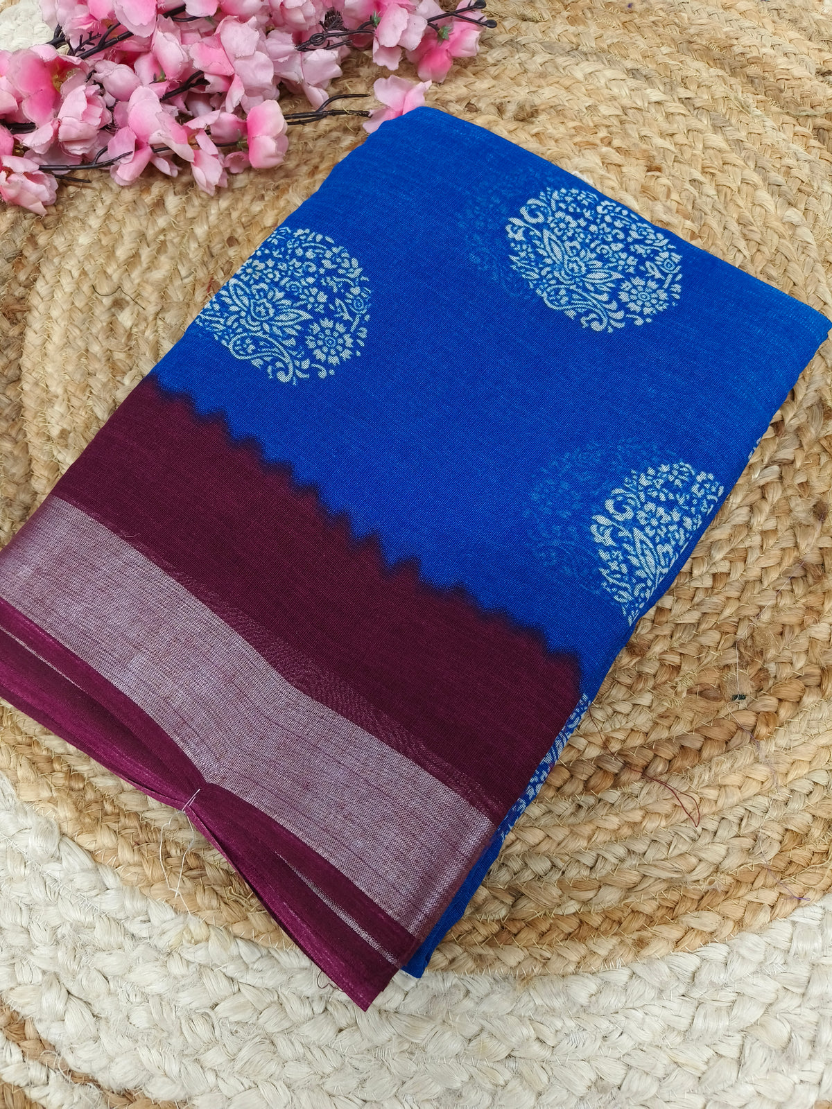 Royal blue with maroon Lenin Cotton saree