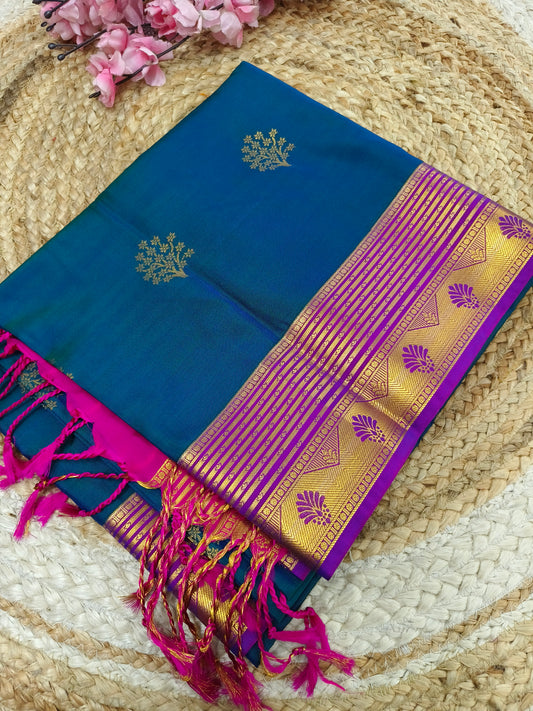 Blue with Pink Elegant soft semi kanjivaram silk saree