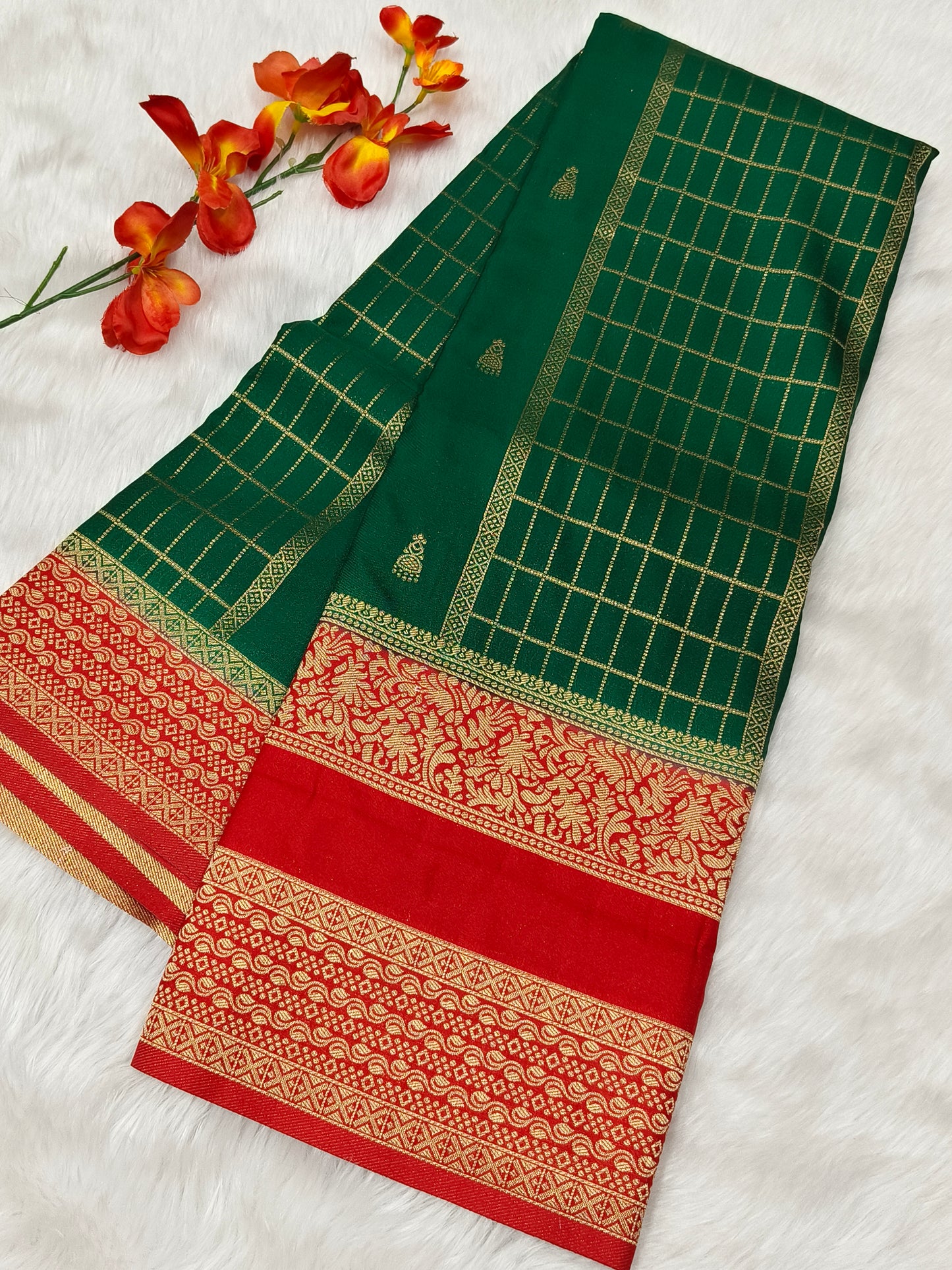 Bottle green with Red silk Georgette saree
