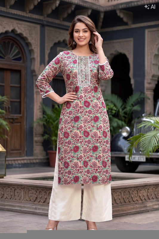 Elegant wine with cream Printed Ethnic Kurti Set