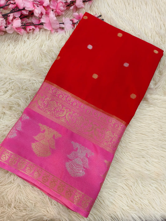 DN-1 Red With Pink Semi Mysore crepe silk saree