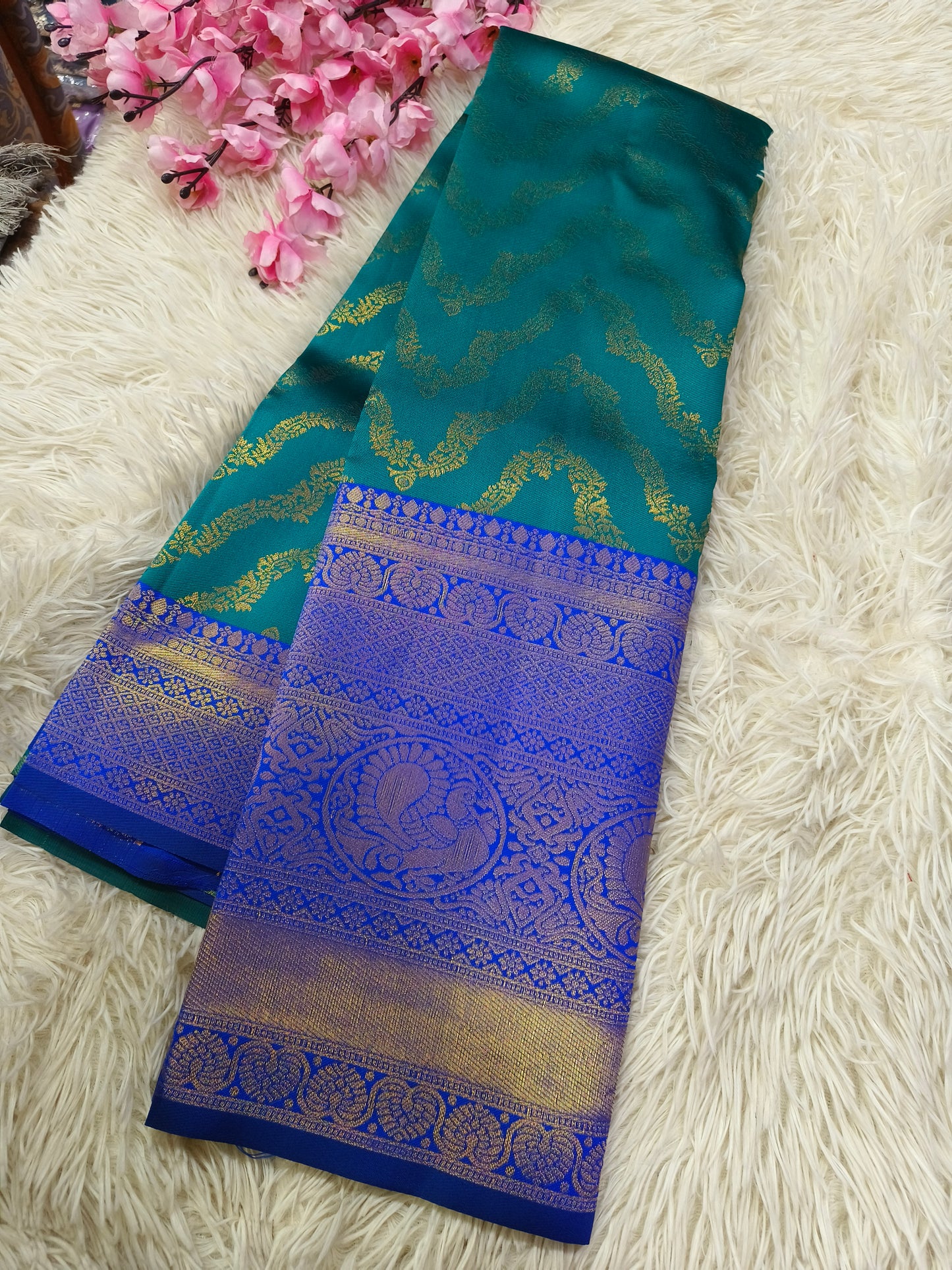 Sky blue with royal blue Bridal semi silk saree