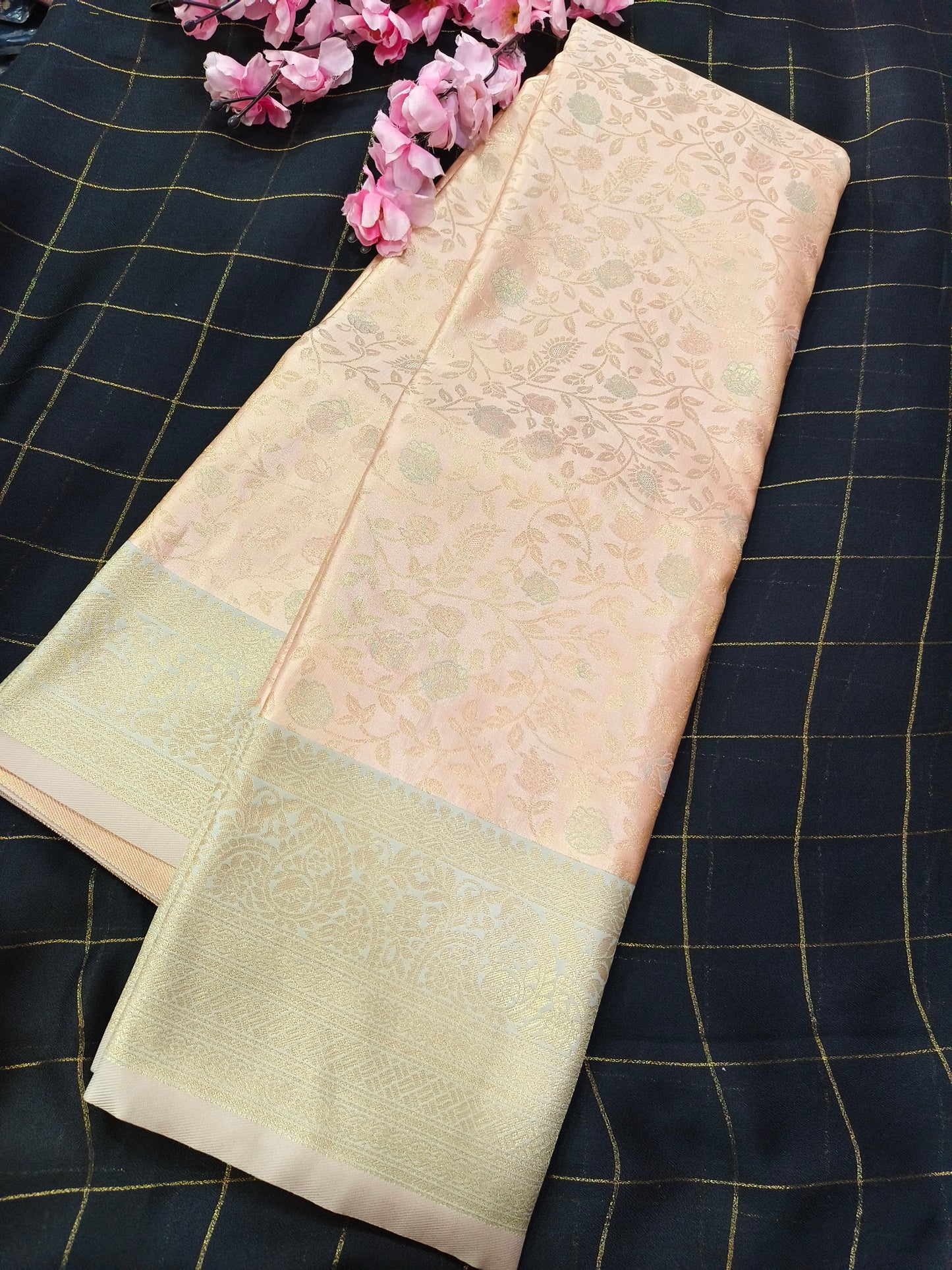 Light Peach with Mint green Soft satin Silk saree