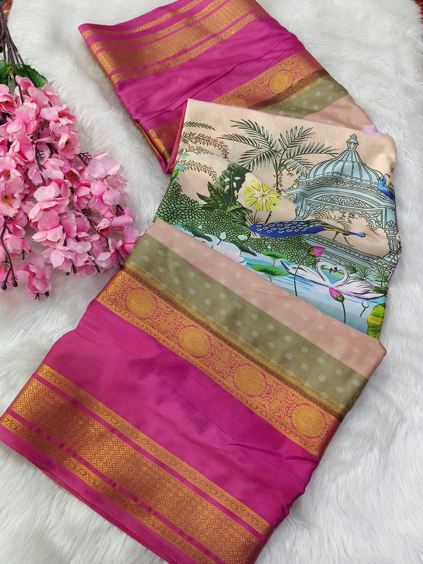 Light onion Pink Digital printed semi Mysore crepe silk saree