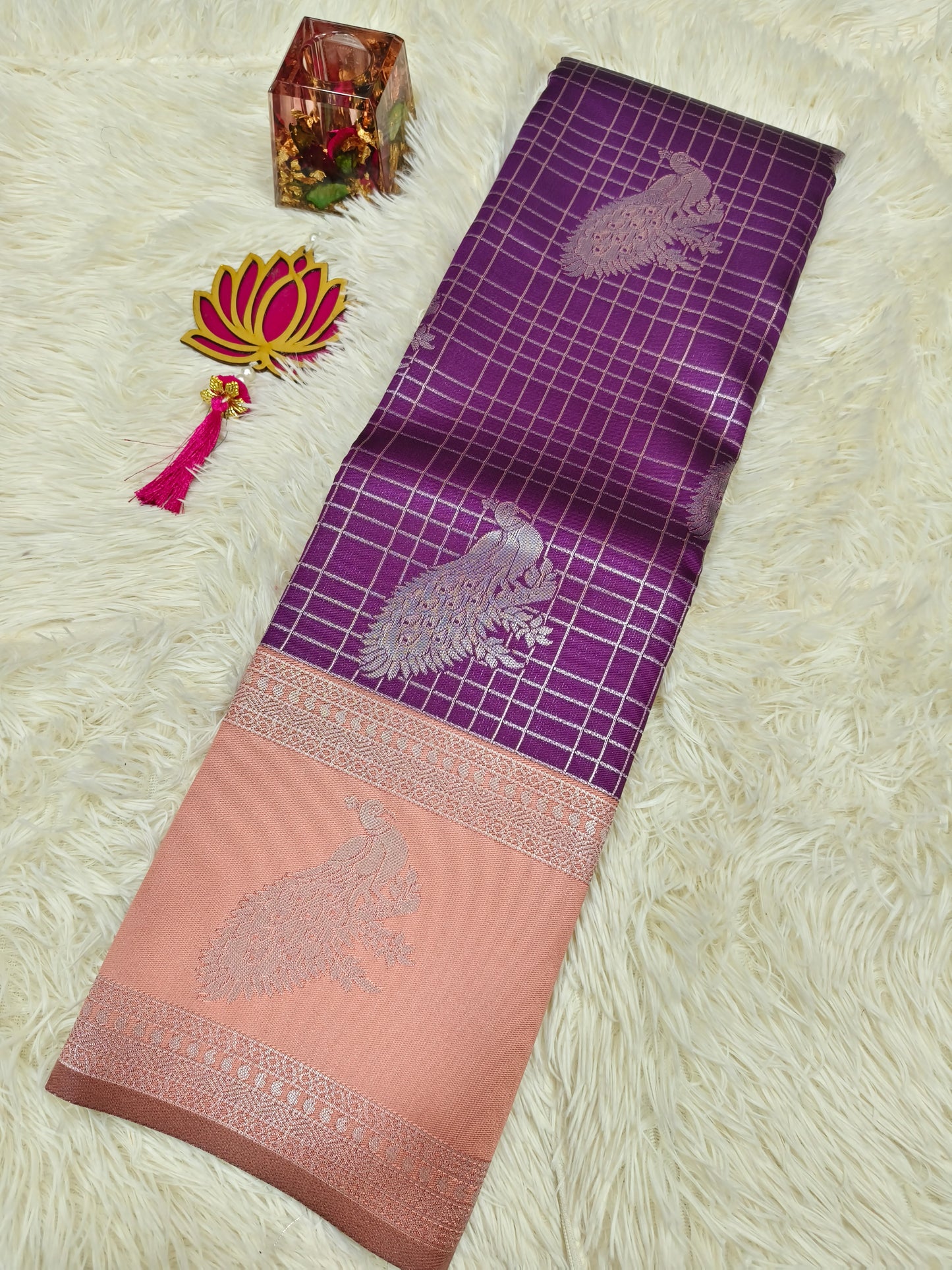 Wine with Light peach Mercidised silk saree