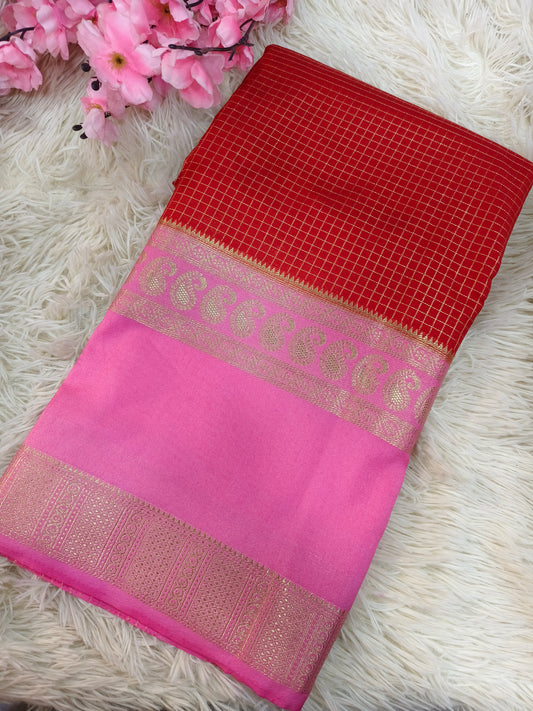 DN-6 Red With Pink Semi Mysore crepe silk saree