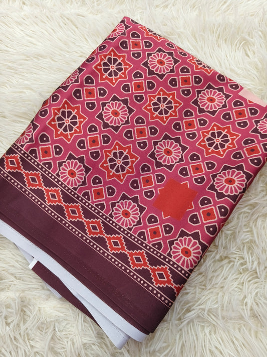 Marron satin crepe silk saree