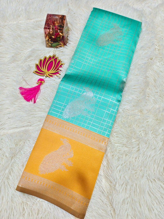 Aqua blue with yellow Mercidised silk saree