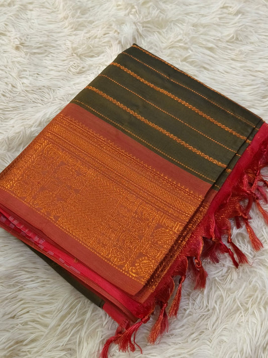 Olive Green Banana Pith Saree without Blouse