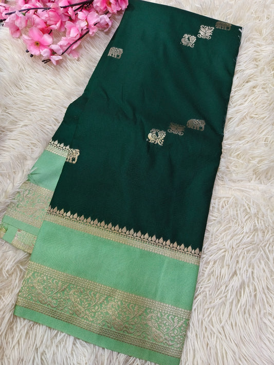 Bottle green with Light Green Semi Mysore silk saree