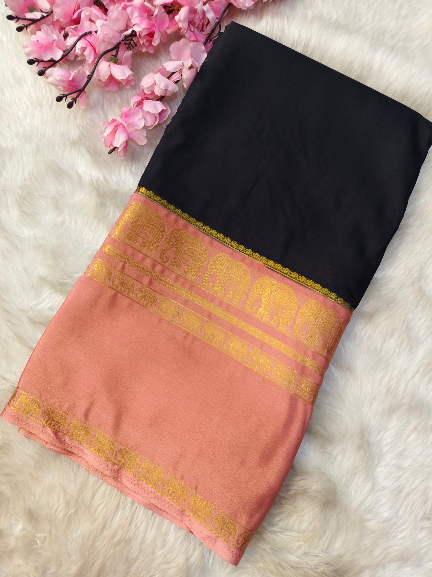Black with Peach semi Mysore crepe silk saree