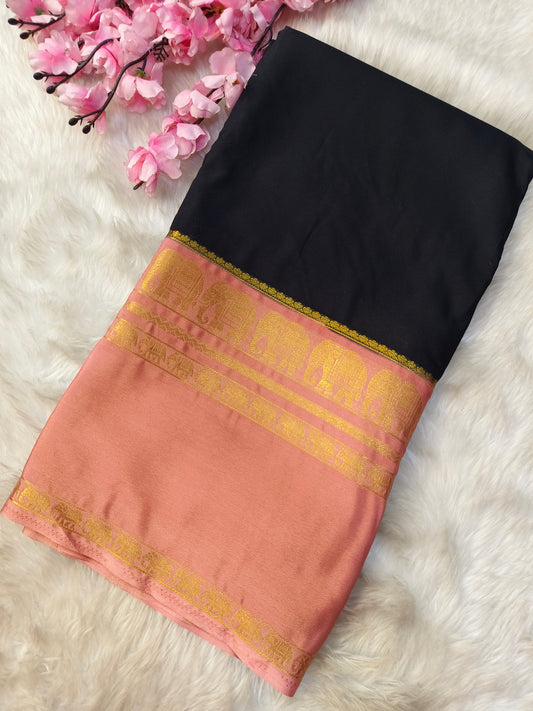 Black with Peach semi Mysore crepe silk saree