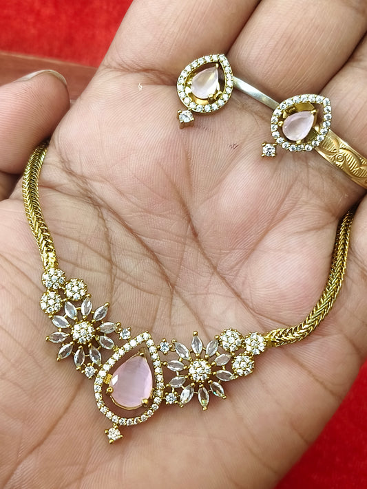 Soft pink Teardrop floral gold plated Necklace