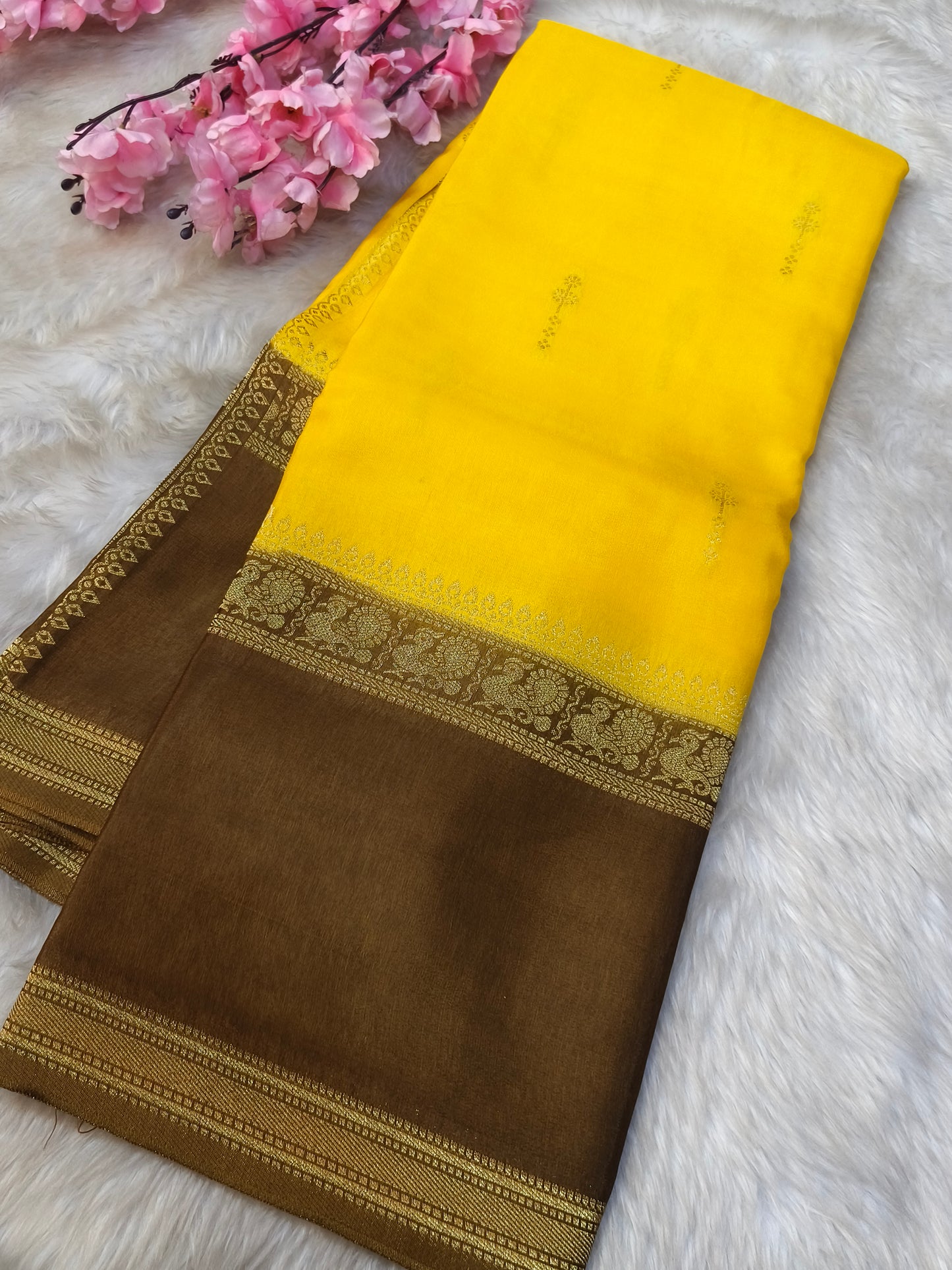 Yellow  with Brown pink Munga silk saree